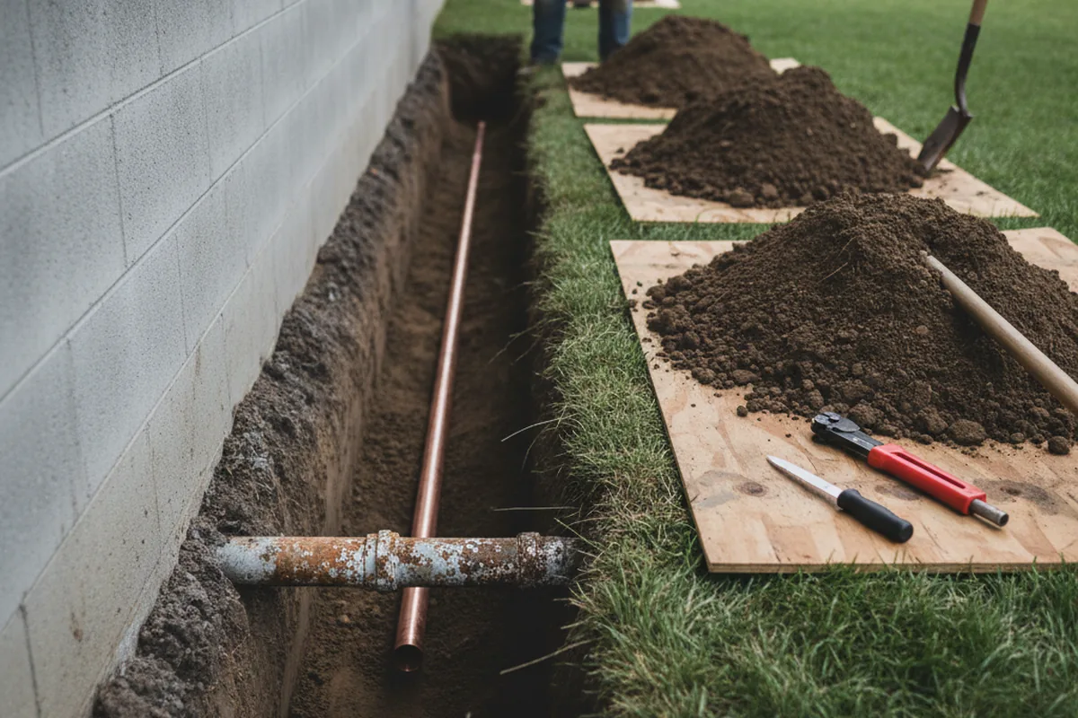Excavated water line trench during Water Softener Installation in Shalimar